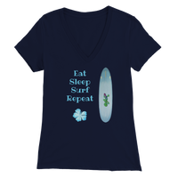 Eat, Sleep, Surf, Repeat Premium Womens V-Neck Surfboard T-shirt