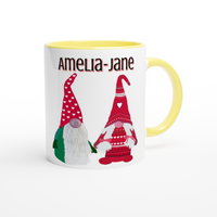 Personalised Merry Christmas Scandi Gnome White 11oz Ceramic Mug with Coloured Handle and Inside
