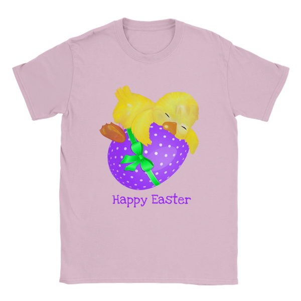 “Happy Easter” Cute Chick on a Purple Easter Egg, Kids classic fit T-shirt -  Multiple Colours